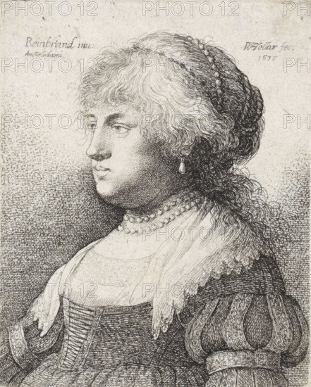 Portrait of Saskia with a pearl necklace in her hair, Reisbüchlein, Small travel book with various portraits, print, printmaker: Wenceslaus Hollar, Germany, after print by Rembrandt van Rijn, 1635, 1636, Rembrandt van Rijn, after print by, paper, etching, height 67 mm x width 54 mm, Unnumbered print from the 24-part series 'Reisbüchlein'., Person, Saskia van Uylenburgh, A finely detailed ink drawing of a woman shown in profile facing left, with curly hair swept back and adorned with a beaded headband; she wears a drop earring and layered necklaces, including a strand of pearls, and her clothing includes a square neckline, a bodice with lacing, puffed sleeves with decorative bands, and a shawl or collar with textured edges. The shading is formed by closely spaced lines and stippling, and the background is filled with dense cross-hatching that lightens toward the top. The overall image is monochrome with intricate line work emphasizing texture in hair, fabric, and skin.