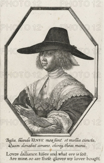 Portrait of a woman with a large dark hat and long gloves, Women's portraits in octagonal frames, print, printmaker: Wenceslaus Hollar, London, publisher: Peter Stent, publisher: Robert Walton, 1638, Wenceslaus Hollar, Peter Stent, Robert Walton, printmaker, publisher, paper, etching, height 152 mm x width 95 mm, The print is part of a six-part series of women's portraits in octagonal frames., head-gear: hat (women's clothes), neck-gear: collar (women's clothes), neck-gear, clothing (NECKERCHIEF) (women's clothes), anonymous historical person portrayed alone - BB - woman, gloves, mittens (LONG GLOVES) (women's clothes), costume, England, Period, 1630 - 1650, A black and white engraved portrait of a person shown from the waist up within an octagonal frame, wearing a wide-brimmed hat that casts a shadow over the upper face and curly hair that falls to the shoulders; the figure has a high collar and layered clothing with textured, embroidered or lace-trimmed sleeves and a decorative bow a...