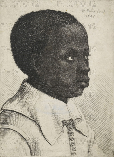 Portrait of a black boy, print, printmaker: Wenceslaus Hollar, Antwerp, 1645, paper, etching, height 80 mm x width 59 mm, boy (child between toddler and youth), Africans, persons of African origin, A close-up side profile of a young person with short, tightly curled hair and dark skin, rendered in fine ink lines and crosshatching; the face shows a prominent nose, full lips, and a visible eye looking slightly forward, with delicate eyelashes; the figure wears a high, folded collar and a garment with a row of decorative buttons and textured stitching; the background is light with subtle diagonal line shading.