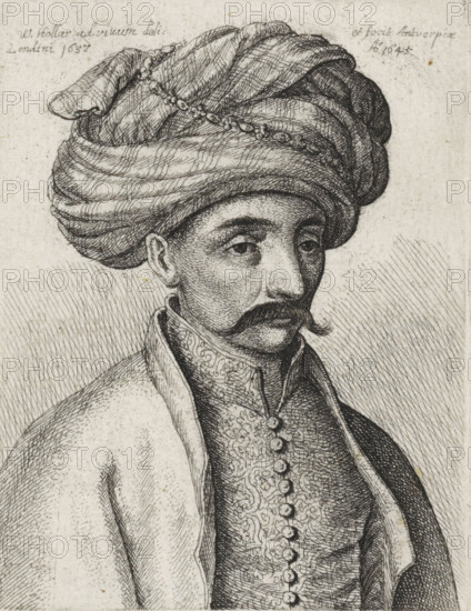 Portrait of a Turkish man with mustache and turban, print, printmaker: Wenceslaus Hollar, Antwerp, London, 1645, paper, etching, height 80 mm x width 61 mm, head-gear: turban, Asiatic races and peoples: Turkish, A detailed black and white ink portrait of a man shown from the chest up wearing a large wrapped turban with a decorative cord, a patterned high-collar garment with a row of buttons down the front, a cloak draped over one shoulder, a narrow mustache, and a calm facial expression, rendered with fine crosshatching and stippling on a lightly textured background.