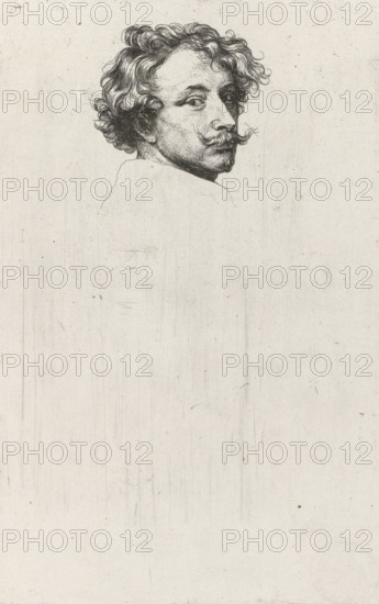 Self-portrait of the artist, Iconographie, print, printmaker: Anthony van Dyck, Low Countries, 1630 - 1632, paper, etching, height 242 mm x width 157 mm, Person, portrait, self-portrait of painter, A detailed pen-and-ink portrait of a man's head and upper shoulders centered near the top of a light, textured paper background, showing curly hair, arched eyebrows, a prominent mustache with curled ends, a turned face with eyes looking sideways, and finely rendered facial shading and line work, while the rest of the page remains mostly blank with faint scratches and specks.