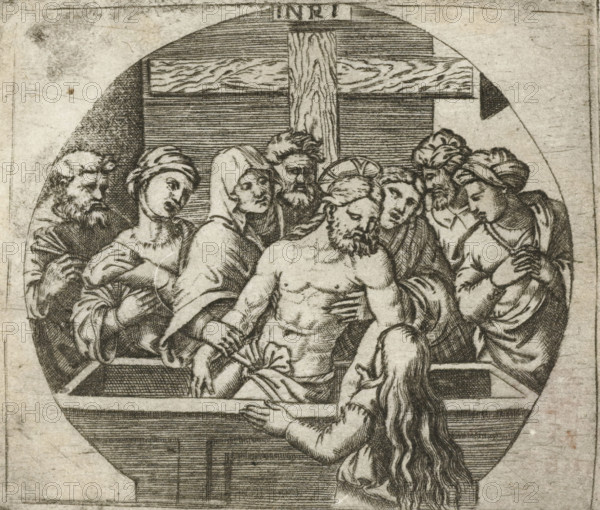 Entombment of Christ, print, printmaker: Agostino Veneziano, Italy, after print by Marcantonio Raimondi, after drawing by Francesco di Francia, 1500 - 1536, Marcantonio Raimondi, after print by, paper, engraving, height 77 mm x width 88 mm, Copy after a print by Marcantonio Raimondi. Raimondi in turn borrowed this subject from work by Francesco di Francia, Christ's entombment (possibly by angels), A circular engraving showing a central lifeless male figure with a beard and draped cloth across his hips, surrounded by a group of people whose faces show varied solemn expressions; a large wooden cross with visible woodgrain stands behind them and the figures form a semicircular composition around the central body; several individuals wear head coverings or turbans and layered robes, one figure in the foreground has long flowing hair and reaches toward the central figure, while others support or touch the body; the scene is rendered in fine parallel hatching and crosshatching with a muted p...