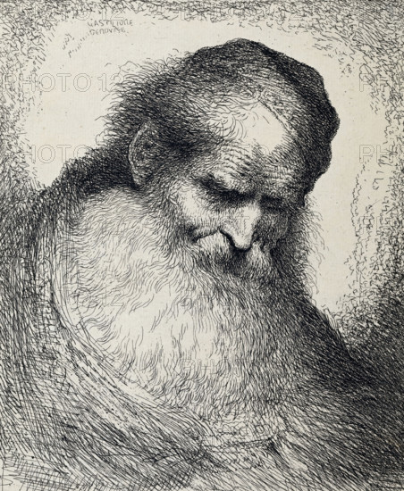 Head of a sleeping old man, Large study of heads with Oriental headgear, print, A sleeping old man with a beard and a kippah on his head. Print from a series of six., printmaker: Giovanni Benedetto Castiglione, Italy, 1645 - 1650, paper, etching, height 182 mm x width 152 mm, This series of heads with Oriental headgear is inspired by similar etchings by Rembrandt and Lievens. An ink fingerprint is visible in the lower right corner., sleeping, unconsciousness, head (human), head-gear (KEEPPEL), A detailed pen-and-ink drawing of an elderly man shown in profile with his head bowed, featuring closely rendered hair and a long flowing beard made of fine, overlapping hatch lines, a prominent forehead with textured wrinkles, a defined nose and closed eyes, a rounded ear partially obscured by hair, and dense cross-hatching creating shadow and form against a pale, textured background.