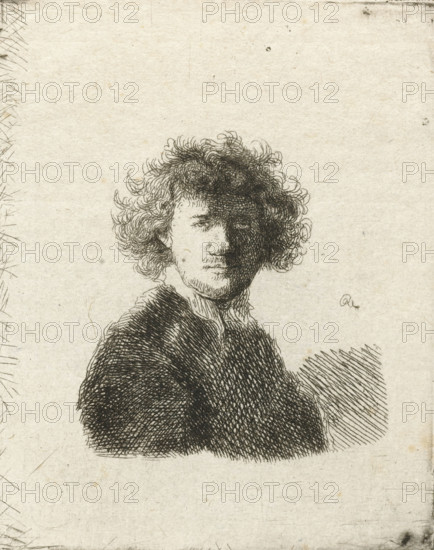 Self-portrait with curly hair and white collar: bust, print, printmaker: Ignace-Joseph de Claussin, after print by Rembrandt van Rijn, 1805 - 1844, Rembrandt van Rijn, after print by, paper, etching, height 84 mm x width 68 mm, Person, portrait, self-portrait of graphic artist, A detailed ink drawing of a person from the chest up with curly, tousled hair and a shadowed face, wearing a textured dark garment and a visible collar; the figure is centered on a lightly textured, pale background with crosshatched shading around the clothing and hair, and there are scattered small marks and faint scratches across the paper.