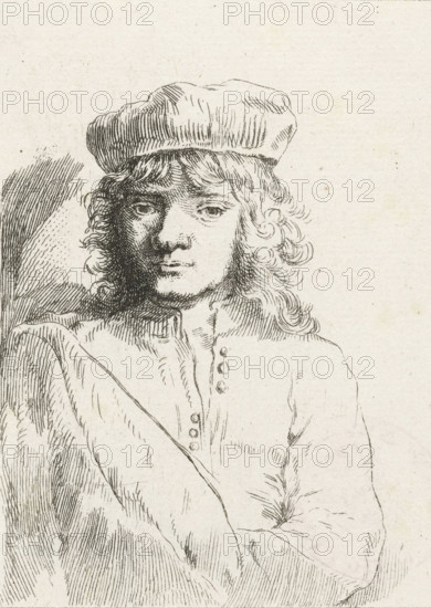 The artist's son, Titus, print, printmaker: Ignace-Joseph de Claussin, after print by Rembrandt van Rijn, 1819, Ignace-Joseph de Claussin, Rembrandt van Rijn, printmaker, after print by, paper, etching, height 122 mm x width 88 mm, Print first used in: Recueil de Quatre-Vingt-Cinq estampes originales, têtes, paysages et différens sujets, dessinées et gravées par Rembrandt. Paris: Henry Louis Basan, 1819., Person, Titus Rembrandtsz. van Rijn, historical persons, A monochrome pen-and-ink portrait of a young person shown from the torso up, wearing a soft, rounded cap and a buttoned garment, with shoulder-length curly hair framing the face; the left side of the face is shaded with dense hatching while the right side is more lightly rendered, and the eyes look forward with a neutral expression; the background is plain with light paper texture and subtle speckles.