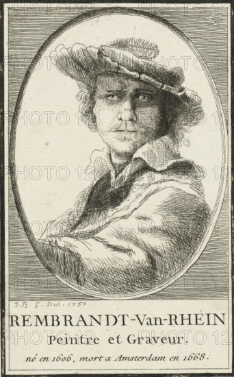 Self-portrait with Saskia, print, printmaker: Jean-Baptiste Glomy, after print by Rembrandt van Rijn, 1750, Rembrandt van Rijn, after print by, paper, etching, height 145 mm x width 96 mm, Copy after the print of the same name by Rembrandt, in the same orientation as the original. The portrait of Saskia van Uylenburgh has been omitted., Person, portrait, self-portrait of graphic artist, An oval-framed black and white line etching of a man shown from the chest up wearing a broad, soft hat with a curved brim and a loose, collared garment, the face rendered with fine crosshatching showing curly hair at the temples, a mustache and subtle shadowing around the eyes, the head turned slightly and looking toward the viewer, the oval set against a lined rectangular border and a blank background inside the oval, with a rectangular space below the portrait containing printed lines of large serif text.