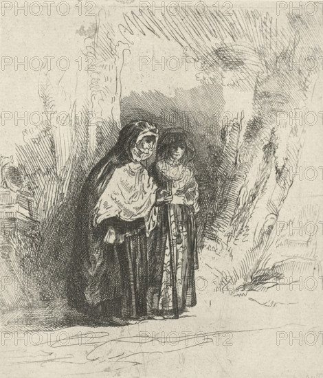 The Spanish gypsy 'Preciosa', print, The Spanish gypsy Preciosa and the old woman Majombe. Both figures are taken from the story 'La Gitanella' by Miguel de Cervantes from 1613, known in the Netherlands as 'Het Spaans Heidinnetje'. Heiden and heidin were contemporary names for the Roma people., printmaker: Pierre François Basan, after print by Rembrandt van Rijn, publisher: Henry Louis Basan, Paris, 1733 - 1797, Rembrandt van Rijn, after print by, paper, etching, height 130 mm x width 114 mm, Scene from the poem La Gitanilla by Miguel de Cervantes, first published in the Netherlands in 1643. This copy first used in: Recueil de Quatre-Vingt-Cinq estampes originales, tetes, paysages et différens sujets, 1819., wandering communities: Romani or Roma, Preciosa, Roma, A monochrome ink drawing shows two figures standing close together in front of a shaded, densely hatched backdrop that suggests foliage. One figure appears older, wearing a hooded cloak and a layered garment, with a lined face ...