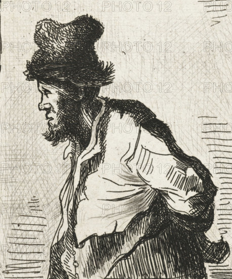 Peasant with his hands behind his back, print, printmaker, after print by, Rembrandt van Rijn, paper, drypoint, etching, height 74 mm x width 64 mm, Mirrored copy after a print by Rembrandt., adult man, A black ink line drawing of a bearded person shown in profile facing left, wearing a tall, textured hat and layered clothing with a visible collar and draped fabric, rendered with dense hatching and cross-hatching on a light, slightly textured background that shows additional fine crosshatched marks.
