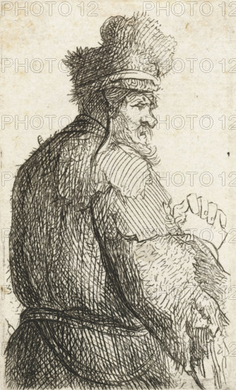 Sheet of studies of men's heads: old man seen from behind, profile right: half-figure, print, Fragment of cut plate., printmaker: Rembrandt van Rijn, after design by Rembrandt van Rijn, c. 1629, Rembrandt van Rijn, printmaker, paper, etching, drypoint, height 73 mm x width 43 mm, old man, A hand-drawn ink sketch of a person shown from the side and slightly from behind, wearing a tall, textured fur hat and a long cloak with dense crosshatched shading, the face turned in profile with a prominent nose, mustache, and beard rendered with short, curved strokes, one arm bent with a hand visible holding a draped, furry garment or animal pelt, and the background left blank with the paper's aged texture visible.