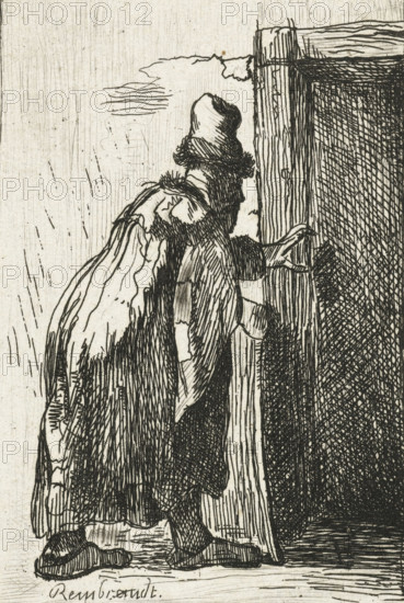 The blindness of Tobit: a sketch, print, printmaker, after print by, Rembrandt van Rijn, paper, etching, intaglio printmaking technique, height 87 mm x width 65 mm, Mirror image copy after the print of the same name by Rembrandt., Tobit's blindness (Tobit 2 - 3:6), A monochrome etching showing a person wearing a long cloak and a brimmed hat, seen from behind and slightly in profile, reaching with one hand toward a tall wooden post or doorframe; the cloak has visible folds and textured hatch marks, the hat has a rounded top and a textured band, and the figure’s exposed hand is drawn with fine linework; next to the post is a densely crosshatched vertical panel, and the ground beneath the figure is rendered with short horizontal lines and hatch shading.