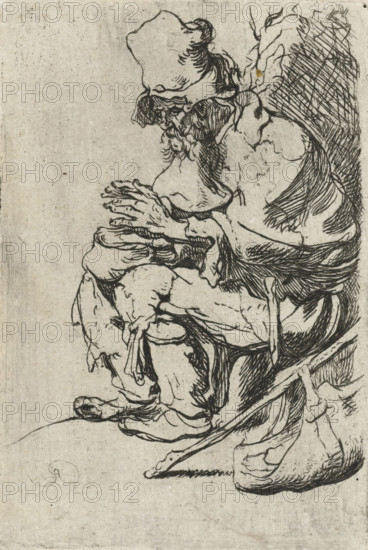Beggar seated warming his hands at a chafing dish, print, printmaker, after print by, Rembrandt van Rijn, paper, etching, intaglio printmaking technique, height 77 mm x width 51 mm, Mirror-image copy after the print of the same name by Rembrandt., beggar, A black ink line drawing on aged paper depicting a seated figure in profile with a large rounded hat and a detailed beard, the figure's hands clasped together near the chest and forearms resting on the knees, folds of loose clothing and drapery rendered with crosshatching and flowing lines, visible knees and footwear with pronounced toes, and a hatched background area at the upper right; the paper shows a mottled texture and faint spots.