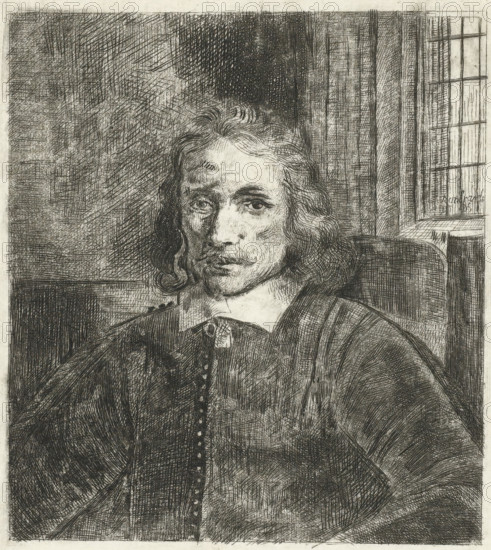 Pieter Haaringh ('Young Haaringh'), print, printmaker, after print by, Rembrandt van Rijn, paper, etching, height 145 mm x width 125 mm, Person, Pieter Haringh, historical persons, A detailed black and white etched portrait of a seated man shown from the chest up, with shoulder-length wavy hair, a narrow mustache, and a solemn facial expression, wearing a collared shirt and a dark cloak or coat fastened with a row of buttons; the background shows densely crosshatched shading and a window with vertical and horizontal muntins to the viewer's right, and a chair back visible behind the sitter.