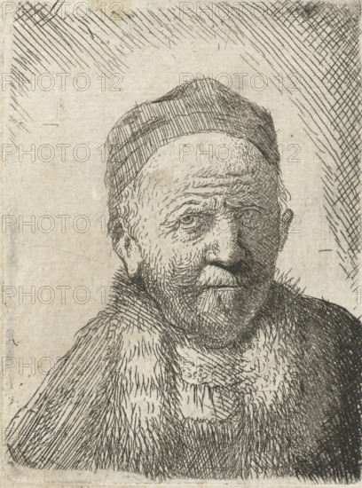 Man wearing a close cap: bust (the artist's father?), print, printmaker: Thomas Worlidge (possibly), after print by Rembrandt van Rijn, 1710 - 1766, Thomas Worlidge, Rembrandt van Rijn, printmaker, after print by, paper, etching, height 67 mm x width 50 mm, Mirror image copy after the print of the same name by Rembrandt., Person, Harmen Gerritsz. van Rijn, old man, A close-up etched portrait of an older man wearing a close-fitting cap and a heavy fur-lined cloak, rendered with fine cross-hatching and parallel lines; his face shows a furrowed brow, deep-set eyes, a prominent nose, a mustache and a short beard, with detailed line work indicating wrinkles and stubble; the background is plain with etched diagonal hatch marks framing the upper and right edges.