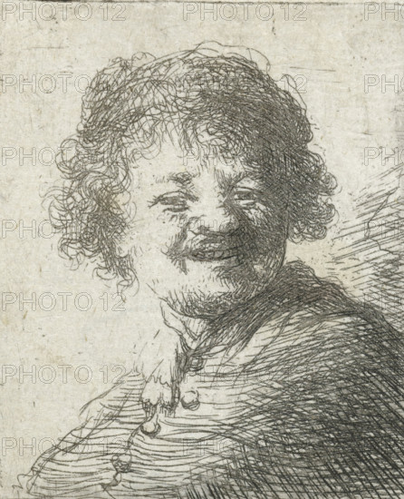 Self-portrait in a cap: laughing, print, printmaker, after print by, Rembrandt van Rijn, paper, etching, height 51 mm x width 42 mm, Mirror image copy after Rembrandt's print of the same name., Person, laughing, head-gear: cap (men's clothes), portrait, self-portrait or graphic artist, A close-up etching of a smiling person with curly hair, showing detailed line work across the face and hair, a faint mustache and beard, partially closed eyes, a high-collared garment with textured folds, and a darkly shaded shoulder area against a light, textured background.