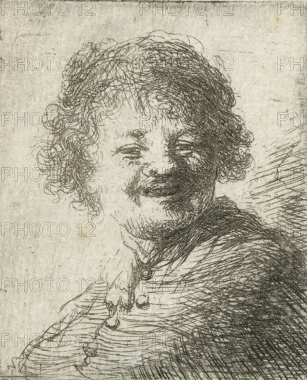 Self-portrait in a cap: laughing, print, printmaker, after print by, Rembrandt van Rijn, paper, etching, intaglio printmaking technique, height 51 mm x width 42 mm, Person, head-gear: cap (men's clothes), portrait, self-portrait of graphic artist, A close-up etching of a person's head and shoulders showing curly hair rendered with fine, looping lines, a partially shadowed face with squinted eyes and a subtle smile, a mustache and beard suggested by dense short strokes, a high-collared garment with layered folds and buttons drawn with parallel and cross-hatched lines, and a textured paper background with faint marks and speckles.