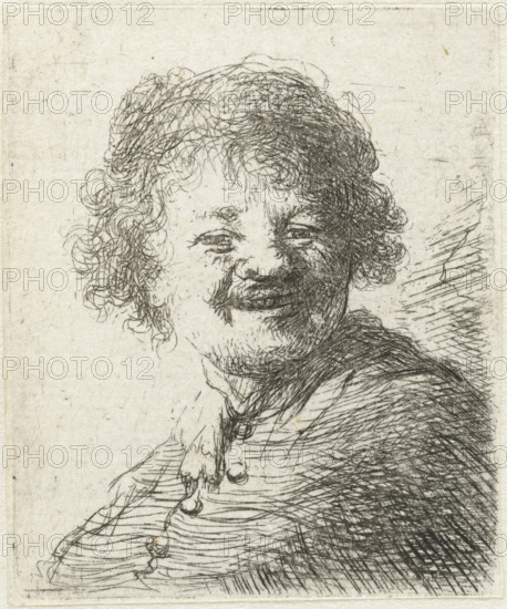 Self-portrait in a cap: laughing, print, printmaker, after print by, Rembrandt van Rijn, paper, etching, height 51 mm x width 42 mm, Mirror image copy after Rembrandt's print of the same name., Person, laughing, head-gear: cap (men's clothes), portrait, self-portrait or graphic artist, A close-up etching of a person with curly hair and a mustache, showing a smiling face with squinted eyes and detailed hairline, textured shading across the cheek and jaw, a high collar with ruffled fabric at the neck, buttons down the front of the garment, and dense cross-hatched shading suggesting a cloak or heavy garment over one shoulder on a lightly textured background.
