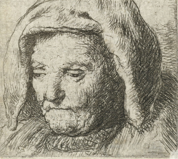 The artist's mother in a cloth headdress, looking down: head only, print, printmaker, after print by, Rembrandt van Rijn, paper, etching, intaglio printmaking technique, height 50 mm x width 41 mm, Mirror image copy after the print of the same name by Rembrandt., Person, Neeltje Willemsdr. Zuytbrouck, historical persons - BB - woman, A close-up ink drawing of an elderly person’s face and head, showing heavy line work and cross-hatching that define a furrowed brow, closed or downcast eyes, a long nose, and a wrinkled mouth and chin; the figure is partially covered by a hood with textured shading and short, dense strokes suggesting hair or stubble along the temples and jaw, and the background is a lightly textured paper with visible grain.