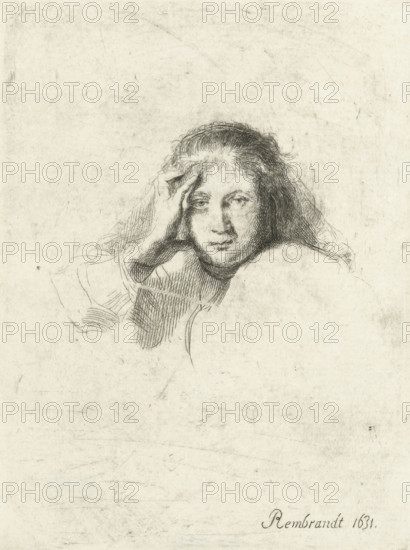 Three heads of women, one lightly etched, print, printmaker, after print by, Rembrandt van Rijn, paper, etching, height 135 mm x width 100 mm, Copy after the print of the same name by Rembrandt., adult woman, A monochrome sketch of a person shown from the shoulders up with long hair and a hand raised to the forehead, rendered in fine hatched lines on a textured light background, the face looking forward with a neutral expression and subtle shading around the eyes and mouth, loose suggestion of clothing around the shoulders and faint sketch marks filling the surrounding space.