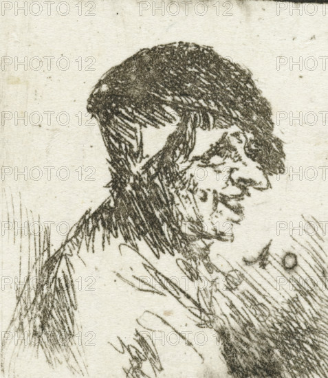 Bust of a laughing farmer, print, The bust of a laughing farmer has a pendant with a similar depiction of a laughing farmer's wife. She is shown from a different viewpoint so that the heads are turned towards each other., printmaker: Adriaen van Ostade, Haarlem, after design by Adriaen van Ostade, 1650 - 1652, Adriaen van Ostade, printmaker, paper, etching, height 34 mm x width 29 mm, laughing, A close-up of a sketched portrait showing a head turned slightly to the side, with dark, textured hair rendered in short, dense strokes and a beard and mustache depicted with finer, jagged lines; the face features a prominent brow, a pronounced nose, and a slightly downturned mouth formed by darker, varied pencil marks; the neck and shoulder area continue the sketchy, crosshatched technique, and the background is a pale, textured paper with small speckles and faint vertical creases.