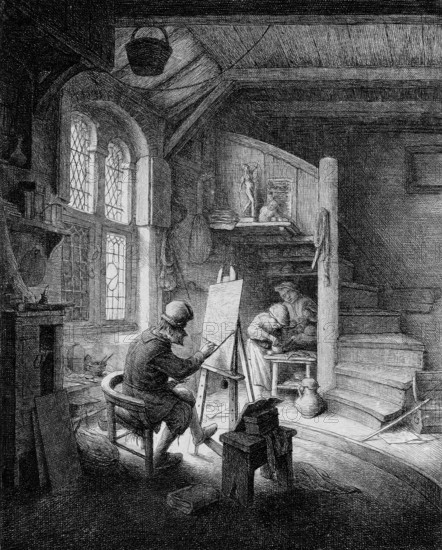 Painter in his studio, print, Painter at work in his studio, he sits behind his easel by the window with a book on a barrel next to him. Two assistants prepare paint at a table under a staircase. Below the image is a Latin verse in four lines., printmaker: Adriaen van Ostade, Haarlem, 1645 - 1649, paper, etching, drypoint, engraving, drypoint and engraving, height 236 mm x width 174 mm, painter at work, in his studio, painter preparing colours, A detailed black and white interior scene shows a room with a high beamed ceiling and a tall arched window with leaded panes letting light in. An older man wearing a hat sits on a round-backed chair at an easel, holding a drawing implement to a vertical board. Nearby a woman bends over a small table where a child is seated, the woman and child positioned on a raised platform reached by narrow steps. Shelves, jars, and hanging bags are visible on the walls and beams, and a small statuette and stacked objects sit on a ledge above the platform. A j...