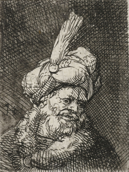 Bust of an Oriental man, print, Bust of a man with a feathered turban., printmaker: Samuel van Hoogstraten, Netherlands, printmaker: manner of Rembrandt van Rijn, 1648 - 1678, Manner of, paper, etching, height 44 mm x width 33 mm, head-gear: turban, A close-up black and white etching of a bearded man's face and headwear showing detailed linework and crosshatching; the man has a furrowed brow, closed or downward-cast eyes, a prominent nose, and a textured beard and mustache rendered with short curved strokes; he wears a tall, wrapped turban-like headdress with a rounded ornamental knot and flowing folds, depicted with long, parallel lines; the background is densely crosshatched creating a dark textured field behind the figure.
