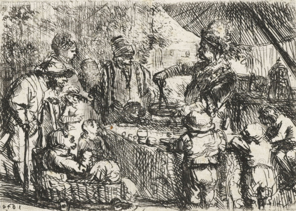 Magician under a parasol, print, A magician or quack standing under a parasol by a table with objects. Around the table a number of onlookers., printmaker: Constantijn à Renesse, Netherlands, printmaker: manner of Rembrandt van Rijn, 1649, Manner of, paper, etching, drypoint, etching and drypoint, height 54 mm x width 77 mm, quack, charlatan, mountebank, 'saltimbanco', A densely hatched black and white etching showing a crowded interior scene with several seated and standing figures clustered around a table. On the right a bearded man wearing a hat leans forward with one arm resting on the table and a long object in his hand, while nearby another figure in a brimmed hat sits facing away. Around the table children and adults with varied hairstyles and head coverings crowd close together, some leaning in, some looking down, and one standing figure in the center wears a tall cylindrical hat and a striped garment. The table surface is covered with bowls, cups, and a round object, and textu...