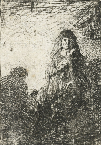Standing woman and seated man, print, Standing woman seen from the front and seated man seen from the back., printmaker: attributed to Jan Lievens, Netherlands, printmaker: manner of Rembrandt van Rijn, 1625 - 1700, Attributed to, Manner of, paper, etching, height 42 mm x width 31 mm, Very convincingly attributed to Lievens by Rovinski, not mentioned in Hollstein under Lievens (Hollstein, Rembrandt, p. 189, cat. no. B El 23), adult woman (standing), A textured monochrome etching shows two seated figures amid dense crosshatched shading; one figure faces toward the viewer with long hair and a shaded face wearing layered garments, while the other sits with a rounded head turned away and a heavily textured cloak. The background is pale with faint scratches and diagonal lines, and darker, heavily inked areas frame the right side and lower portion of the image. The overall composition is built from overlapping strokes and dense marks that create contrasts between light and dark regions.