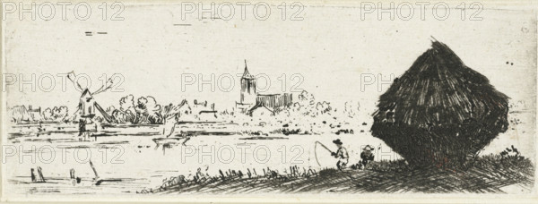 Landscape with haystack, print, A village with a church and mill by the water, in the foreground a haystack and two fishermen., printmaker: manner of Rembrandt van Rijn, 1630 - 1700, Netherlands, Manner of, paper, etching, height 53 mm x width 150 mm, hay-stack, A wide horizontal ink sketch showing a riverside scene with a large dark thatched haystack on the right foreground, textured with dense hatch marks, and two small figures seated near its base one holding a fishing rod extending toward the water; a grassy bank with short vegetation runs along the bottom, and a calm river occupies the middle ground with a small boat floating and faint reflections; the opposite shore features loose line sketches of trees, low buildings, a windmill with angled sails, and a church tower rising above the skyline, all rendered in sparse, delicate strokes against a pale, slightly speckled background.