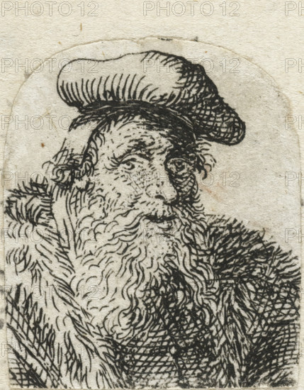 Bust of a man with a beret, print, Bust of an old man with a beard and beret., printmaker: manner of Jan Gillisz. van Vliet, 1630 - 1700, Netherlands, Manner of, paper, etching, height 35 mm x width 29 mm, Made in the style of Van Vliet or M. Scheyts according to Hollstein Rembrandt, p. 193, cat. no. g and h., old man (three-quarter view), A close monochrome drawing of an older man shown from the shoulders up, rendered with dense black ink lines on textured beige paper; he wears a rounded hat with fine vertical hatch marks and has a full, long beard composed of swirling, overlapping strokes, with detailed lines indicating wrinkles and furrows on his forehead and around his eyes; his hair peeks out beneath the hat in short curved strokes, and heavy crosshatching defines a cloak or garment over one shoulder, while the background shows the paper's natural grain and slight discoloration.