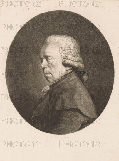 Portrait of Johann Christian Brand, print, printmaker: Adam von Bartsch, Vienna, 1793, Lower Austria, paper, etching, height 274 mm x width 193 mm, Person, Johann Christian Brand, historical persons, portrait, self-portrait of artist, A detailed black and white engraved portrait of an older man shown in profile facing left, set within a dark oval background against a lighter sheet; he has combed back hair styled with curls at the sides and tied at the back with a ribbon, prominent facial features including a furrowed brow and a serious expression, and he wears a high-collared coat with visible textured fabric and a decorative neck cloth.