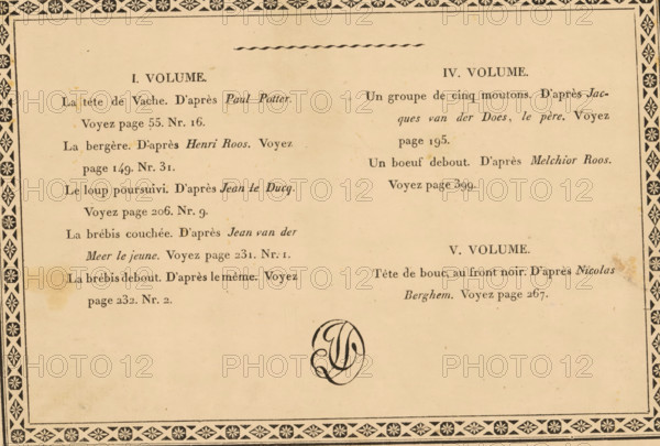 Copies faites d'après des estampes très rares (, ) décrites dans les volumes I. IV. et V. du peintre graveur, par Adam Bartsch, Kopieën van gelukkige prenten geschreven in Le Peintre Graveur van Adam von Bartsch, prentalbum, Album met acht etsen naar prenten van bekende kunstenaars, kopie door Adam von Bartsch. The album is intended as a plate to the first, fourth and fifth parts of 'Le peintre graveur'., printmaker: Adam von Bartsch, after print by Paulus Potter, after print by Johann Heinrich Roos, after print by Johan le Ducq, after print by Jan van der Meer (II), after print by Jacob van der Does (I), after print by Johann Melchior Roos, after print by Nicolaes Pietersz Berchem, publisher: Joseph Vincenz Degen, Vienna, 1805, Adam von Bartsch, Paulus Potter, Johann Heinrich Roos, Johan le Ducq, Jan van der Meer (II), Jacob van der Does (I), Johann Melchior Roos, Nicolaes Pietersz Berchem, Joseph Vincenz Degen, printmaker, after print by, publisher, Lower Austria, paper, prepared pap...