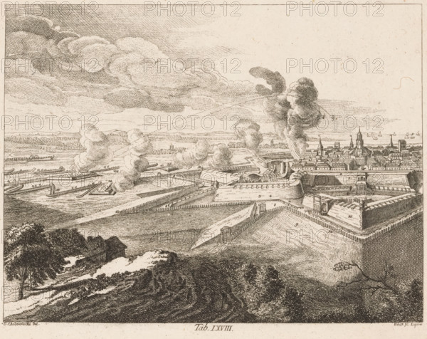 Bombardment of a fortified city, print, printmaker: Christoph Wilhelm Bock, Leipzig, after drawing by Daniel Nikolaus Chodowiecki, 1774, Saxony, paper, etching, height 183 mm x width 230 mm, The print is part of a series of 96 prints that appeared to illustrate the 'Elementarwerk' by the German pedagogue Johann Bernhard Basedow. The prints were produced by various artists based on drawings by Daniel Chodowiecki. In 1774 the collected print work was published under the title: Kupfersammlung zu JB Basedows Elementarwerk für die Jugend und ihre Freunde., Person, Johann Bernhard Basedow, bombardment, siege, A wide panoramic ink drawing shows a fortified town and surrounding landscape rendered in fine linework. In the foreground there are textured hills and clumps of trees with detailed foliage, leading to a large angled earthen rampart topped by defensive walls and bastions. Behind the rampart a network of fortifications, angular walls, and moats extends toward the middle ground, where plu...
