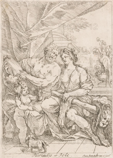Hercules and Joole, Opera Varia Historica, Poetica & Iconologica, Various designs, print, printmaker: Samuel Bottschild, Germany, publisher: Johann Christoph Weigel, Dresden, 1693, Saxony, paper, etching, height 290 mm x width 205 mm, Print from the series 'Opera Varia Historica, Poetica & Iconologica', published in 1693. This series comprises virtually the artist's complete oeuvre and consists of 48 prints, mainly designs for ceilings., cupids: 'amores', 'amoretti', 'putti', dog, ornamental birds: parrot, spinning-wheel, Hercules wooing Iole, A detailed ink drawing shows three central human figures seated closely together beneath draped fabric, one adult male with muscular arms and curly hair leaning toward a partially nude adult female with long wavy hair and a relaxed expression, while a small winged child stands nearby holding a staff and looking up at them; a small dog sits on the tiled floor at their feet. In the background there is a columned structure and foliage on one side an...