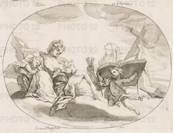 Fides et Charitas, Fides (Faith) en Charitas (Love), Opera Varia Historica, Poetica & Iconologica, Various designs, print, printmaker: Samuel Bottschild, Germany, publisher: Johann Christoph Weigel, Dresden, 1693, Saxony, paper, etching, height 188 mm x width 245 mm, Print from the series 'Opera Varia Historica, Poetica & Iconologica', published in 1693. This series covers almost the complete oeuvre of the artist and consists of 48 prints, mainly designs for ceilings., Faith, 'Fides', 'Fede', 'Fede catholica', 'Fede christiana', 'Fede christiana catholica' (Ripa), one of the Three Theological Virtues, Charity, 'Caritas', 'Carità' (Ripa), sitting or standing on clouds - AA - female human figure, A circular ink drawing shows two seated female figures on a cloudlike platform, one reclining with flowing hair and draped fabric holding an infant at her breast while a small cherubic child leans beside her, and the other veiled and looking upward while holding a cup and a large cross; a winged...