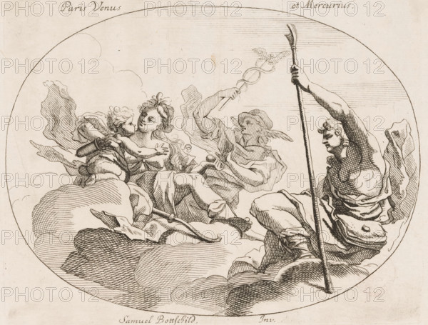 Paris Venus et Mercurius, Paris, Venus en Mercurius, Various designs, Opera Varia Historica, Poetica & Iconologica, print, printmaker: Samuel Bottschild, Germany, publisher: Johann Christoph Weigel, Dresden, 1693, Saxony, paper, etching, height 191 mm x width 244 mm, Print from the series 'Opera Varia Historica, Poetica & Iconologica', published in 1693. This series comprises virtually the artist's complete oeuvre and consists of 48 prints, mainly designs for ceilings., the Judgment of Paris (Mercury present), sitting or standing on clouds, A circular pen-and-ink drawing shows four classical figures seated on stylized clouds within a round frame; on the left a partially draped female reclining figure holds a small child who reaches toward her face, the woman looking outward with loose hair and flowing garments; to their right a robed male figure wearing a winged cap leans back and raises a staff topped by a small winged object, his clothing depicted with folds and hatching; on the far ...