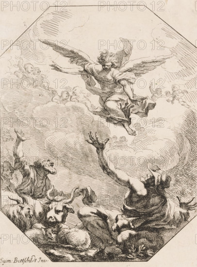 Annunciation to the Shepherds, Various designs, Opera Varia Historica, Poetica & Iconologica, print, printmaker: Samuel Bottschild, Germany, publisher: Johann Christoph Weigel, Dresden, 1693, Saxony, paper, etching, height 288 mm x width 218 mm, Print from the series 'Opera Varia Historica, Poetica & Iconologica', published in 1693. This series comprises virtually the artist's complete oeuvre and consists of 48 prints, mainly designs for ceilings., Annunciation of Christ's birth to the shepherds (and, or shepherdesses) at night, a host of singing angels in the air, An ink drawing showing a winged figure descending through clouds toward figures below, the winged figure seen from behind with flowing drapery and outstretched arms, clouds rendered with hatching and swirling lines, several human figures reaching upward with expressive gestures and flowing garments, animals with curled horns and textured fur nestled among the clouds, and decorative linework framing the scene within an angula...