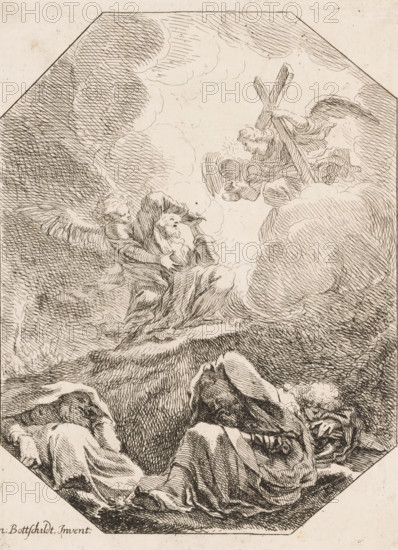 Christ in the Garden of Gethsemane, Various designs, Opera Varia Historica, Poetica & Iconologica, print, Christ praying in the Garden of Gethsemane. An angel appears to him and shows him a chalice and a cross. In the foreground three sleeping disciples. On the left in the background, the group of soldiers arrives., printmaker: Samuel Bottschild, Germany, publisher: Johann Christoph Weigel, Dresden, 1693, Saxony, paper, etching, height 288 mm x width 216 mm, Print from the series 'Opera Varia Historica, Poetica & Iconologica', published in 1693. This series comprises virtually the artist's complete oeuvre and consists of 48 prints, mainly designs for ceilings., agony of Christ, three (or eleven) apostles sleeping, A detailed ink drawing shows a scene with clouds and figures on a textured background. In the upper right, a winged figure holds a large wooden cross and looks toward the center, surrounded by billowing clouds. Near the center-left, a seated figure with draped robes and an ex...