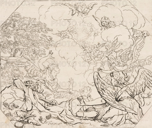 Dream of Jacob, Opera Varia Historica, Poetica & Iconologica, Various designs, print, printmaker: Samuel Bottschild, Germany, publisher: Johann Christoph Weigel, Dresden, 1693, Saxony, paper, etching, height 211 mm x width 247 mm, Print from the series 'Opera Varia Historica, Poetica & Iconologica', published in 1693. This series comprises virtually the artist's complete oeuvre and consists of 48 prints, mainly designs for ceilings., the dream of Jacob: while sleeping on the ground with a stone for pillow Jacob sees a ladder reaching from earth to heaven with angels going up and down, usually with God at the top of the ladder, A detailed ink drawing shows a scene of winged figures and cherubic faces among swirling clouds above a rocky landscape with a leafy tree at one side; several angels with large feathered wings appear in various poses, some reaching upward and others reclining, with curly hair and flowing drapery, while small putti-like faces peek from the clouds and a radiating b...