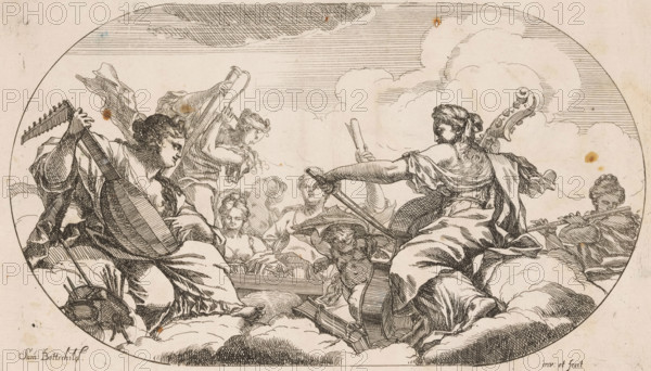 Muses with musical instruments, Various designs, Opera Varia Historica, Poetica & Iconologica, print, printmaker: Samuel Bottschild, Germany, publisher: Johann Christoph Weigel, Dresden, 1693, Saxony, paper, etching, height 190 mm x width 334 mm, Print from the series 'Opera Varia Historica, Poetica & Iconologica', published in 1693. This series comprises virtually the artist's complete oeuvre and consists of 48 prints, mainly designs for ceilings., lute, and special forms of lute, eg: theorbo, viola, violoncello, double bass, transverse flute, clavichord, harpsichord, clarinet, bassoon, oboe, shawm, (story of the) Muses, 'Muse' (Ripa), sitting or standing on clouds - AA - female human figure, An oval ink drawing shows a group of robed figures seated on clouds beneath a lined sky, with flowing drapery and detailed crosshatching; one figure on the left holds a pear-shaped stringed instrument, another on the right extends an arm while holding a bow and has a large curved instrument behin...