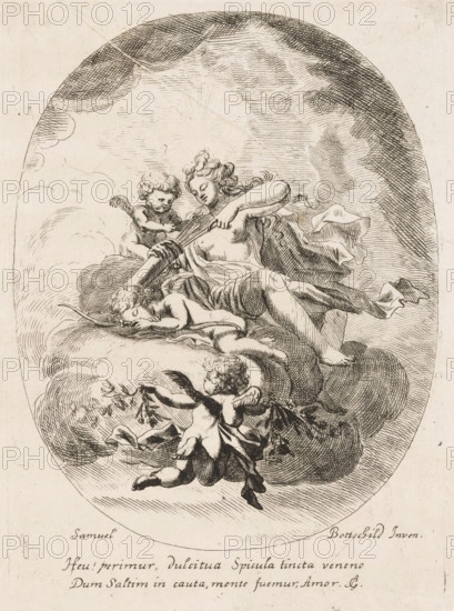 Venus, Opera Varia Historica, Poetica & Iconologica, Various designs, print, printmaker: Samuel Bottschild, Germany, writer (clerical worker): Monogrammist IG (writer), publisher: Johann Christoph Weigel, Dresden, 1693, writer (clerical worker), Saxony, paper, etching, height 245 mm x width 175 mm, Print from the series 'Opera Varia Historica, Poetica & Iconologica', published in 1693. This series comprises virtually the artist's complete oeuvre and consists of 48 prints, mainly designs for ceilings., cupids: 'amores', 'amoretti', 'putti', (story of) Venus (Aphrodite), sitting or standing on clouds - AA - female human figure, An oval ink drawing shows a reclining female figure on a bed of clouds, her hair flowing and one arm bent across her chest while the other reaches toward a cluster of arrows held by a small winged child beside her; another winged child lies curled against her legs, and a third winged child floats below offering a sprig of foliage; the scene is rendered with fine c...