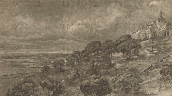 Landscape with view of Hoch-Elten, print, printmaker: Daniel Nikolaus Chodowiecki, Berlin, after drawing by Rembrandt van Rijn, after drawing by Pieter de With, 1759, paper, print drawing, etching, aquatint, intaglio printmaking technique, etching and aquatint with plate tone, height 208 mm x width 327 mm, landscapes, North Rhine-Westphalia, Elten, Hoch-Elten, St. Vitus Church (Hoch-Elten), A monochrome landscape drawing showing a hillside covered with clusters of trees and shrubs sloping down toward a flat plain, with textured sky and clouds above. On the hilltop at the right edge there is a group of buildings including a church with a tall steeple and adjacent houses, all drawn with fine line work. The foreground contains dense foliage and winding paths, while the midground shows rows of fields and low vegetation extending toward the distant horizon. The overall image is rendered in subdued tones with visible pencil or etching lines and shading.