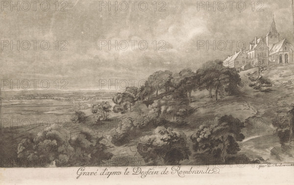 Landscape with view of Hoch-Elten, print, annotation: 'c. 1-:-', printmaker: Daniel Nikolaus Chodowiecki, Berlin, after drawing by Rembrandt van Rijn, after drawing by Pieter de With, 1759, paper, print drawing, etching, aquatint, intaglio printmaking technique, etching and aquatint with plate tone, height 204 mm x width 327 mm, North Rhine-Westphalia, Elten, Hoch-Elten, St. Vitus Church (Hoch-Elten), A wide monochrome landscape drawing showing a rolling hillside covered with clusters of trees and shrubs, the vegetation rendered with varied shading and fine lines. On the right side of the image a group of steep-roofed buildings and a church with a tall spire sit atop the rise, their architectural details sketched in fine strokes. The middle and left portions open to a distant flat plain with subtle horizon lines and faint textures suggesting fields. The sky above is lightly shaded with soft cloud-like forms. The entire scene is drawn with delicate pencil or etching marks and a textured...
