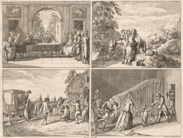 Human Pleasures, print, Four scenes depicting human pleasures. Above, a musical group (as an example of agreement) and the Good Samaritan (as an example of compassion). Below, dancing peasants (an example of joy) and a family in an interior (as an example of family ties). Numbered bottom center: Tab. XVII., printmaker: Daniel Nikolaus Chodowiecki, Berlin, 1769, paper, etching, height 180 mm x width 234 mm, The print is part of a series of 96 prints published to illustrate the 'Elementarwerk' by the German pedagogue Johann Bernhard Basedow. The prints were produced by various artists based on drawings by Daniel Chodowiecki. In 1774, the collected prints were published under the title: Kupfersammlung zu JB Basedows Elementarwerk für die Jugend und ihre Freunde., Person, Johann Bernhard Basedow, making music, musician with instrument, folk dancing (men and women together), the good Samaritan (Luke 10:30-37), family, descendant, The image shows four detailed engraved vignettes arranged in ...