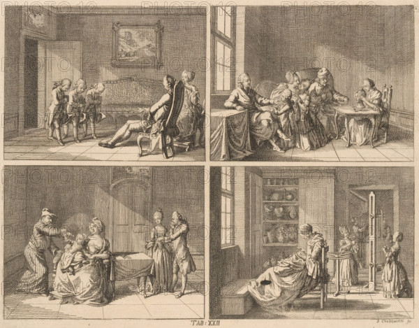 Human character traits, print, Four scenes depicting human character traits. Above: three boys bowing before their parents (example of gratitude) and children showing their report card grades (example of success). Below: parents with a child (example of a happy marriage) and an interior with a woman doing needlework and children busy winding yarn (example of a life of prosperity). Numbered bottom center: Tab. XXII., printmaker: Daniel Nikolaus Chodowiecki, Berlin, 1769, paper, etching, height 182 mm x width 225 mm, The print is part of a series of 96 prints that appeared to illustrate the 'Elementarwerk' by the German pedagogue Johann Bernhard Basedow. The prints were produced by various artists based on drawings by Daniel Chodowiecki. In 1774, the collected print works were published under the title: Kupfersammlung zu JB Basedows Elementarwerk für die Jugend und ihre Freunde., Person, Johann Bernhard Basedow, home sewing, repair of clothes, parents with their children, head bent forwa...