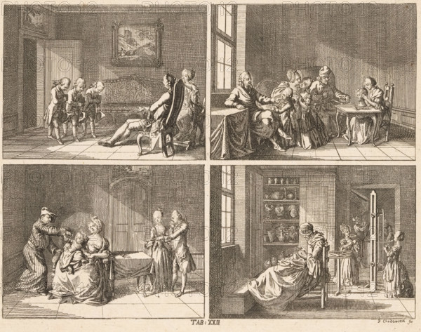 Human character traits, print, Four scenes depicting human character traits. Above: three boys bowing before their parents (example of gratitude) and children showing their report card grades (example of success). Below: parents with a child (example of a happy marriage) and an interior with a woman doing needlework and children busy winding yarn (example of a life of prosperity). Numbered bottom center: Tab. XXII., printmaker: Daniel Nikolaus Chodowiecki, Berlin, 1769, paper, etching, height 183 mm x width 227 mm, The print is part of a series of 96 prints published to illustrate the 'Elementarwerk' by the German pedagogue Johann Bernhard Basedow. The prints were produced by various artists based on drawings by Daniel Chodowiecki. In 1774, the collected print works were published under the title: Kupfersammlung zu JB Basedows Elementarwerk für die Jugend und ihre Freunde., Person, Johann Bernhard Basedow, home sewing, repair of clothes, parents with their children, head bent forward, ...