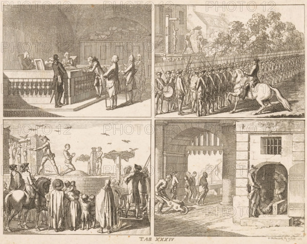 Public punishments, print, Four depictions of public punishments. Top left: a courtroom where a fine is being meted out. Top right: a condemned man is forced to run the gauntlet; in the background, a man is being flogged. Bottom left: an execution site. Bottom right: a forced laborer, prisoners, and men being banished. Bottom center: numbered: Tab XXXIV., inscription: 'f (?) 2, 30', printmaker: Daniel Nikolaus Chodowiecki, 1770, paper, etching, height 180 mm x width 232 mm, The print is part of a series of 96 prints published to illustrate the 'Elementarwerk' by the German pedagogue Johann Bernhard Basedow. The prints were made by various artists based on drawings by Daniel Chodowiecki. In 1774 the collected print work appeared under the title: Kupfersammlung zu JB Basedows Elementarwerk für die Jugend und ihre Freunde., Person, Johann Bernhard Basedow, court session (court of justice), flogging, scourging (in public), on the scaffold or place of execution, banishment, exile, running t...