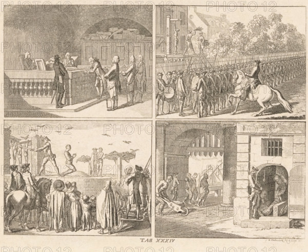 Public punishments, print, Four depictions of public punishments. Top left: a courtroom where a fine is being meted out. Top right: a condemned man is forced to run the gauntlet; in the background, a man is being flogged. Bottom left: an execution site. Bottom right: a forced laborer, prisoners, and men being banished. Bottom center: numbered: Tab XXXIV., printmaker: Daniel Nikolaus Chodowiecki, Berlin, 1770, paper, etching, height 179 mm x width 231 mm, The print is part of a series of 96 prints published to illustrate the 'Elementarwerk' by the German pedagogue Johann Bernhard Basedow. The prints were made by various artists based on drawings by Daniel Chodowiecki. In 1774 the collected print work appeared under the title: Kupfersammlung zu JB Basedows Elementarwerk für die Jugend und ihre Freunde., Person, Johann Bernhard Basedow, court session (court of justice), flogging, scourging (in public), on the scaffold or place of execution, banishment, exile, running the gauntlet, An engr...