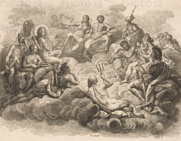 Gathering of the Gods on Olympus, print, Numbered bottom center: T: XCIV., printmaker: Daniel Nikolaus Chodowiecki, Berlin, 1774, paper, etching, height 179 mm x width 234 mm, The print is part of a series of 96 prints that appeared to illustrate the 'Elementarwerk' by the German pedagogue Johann Bernhard Basedow. The prints were produced by various artists based on drawings by Daniel Chodowiecki. In 1774 the collected print work was published under the title: Kupfersammlung zu JB Basedows Elementarwerk für die Jugend und ihre Freunde., Person, Johann Bernhard Basedow, the Olympian gods together: Jupiter, Juno, Neptune, Ceres, Apollo, Diana, Mars, Venus, Mercury, Minerva, Vulcan, Vesta (or Bacchus), A detailed monochrome engraving shows a group of partially clothed and nude figures reclining on and emerging from stylized clouds, arranged in a semicircular composition. At the center, two prominent seated figures rest on draped cloth with one holding a staff and the other displaying a mu...