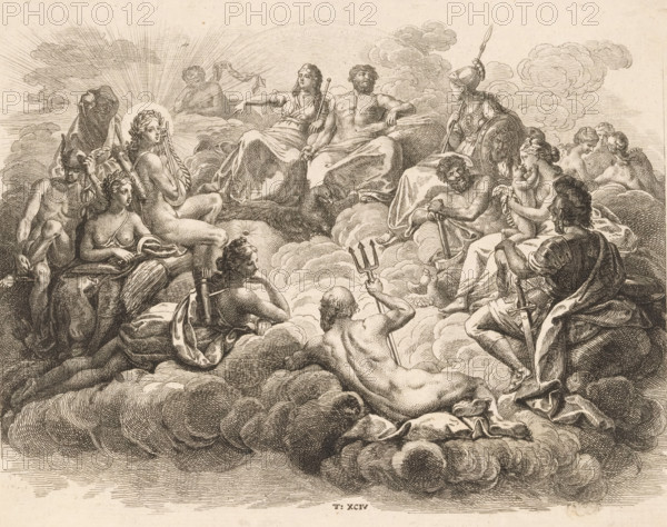 Gathering of the Gods on Olympus, print, Numbered bottom center: T: XCIV., printmaker: Daniel Nikolaus Chodowiecki, Berlin, 1774, paper, etching, height 179 mm x width 235 mm, The artist's name has been scratched off the paper. The print is part of a series of 96 prints that appeared to illustrate the 'Elementarwerk' by the German pedagogue Johann Bernhard Basedow. The prints were produced by various artists based on drawings by Daniel Chodowiecki. In 1774 the collected print work was published under the title: Kupfersammlung zu JB Basedows Elementarwerk für die Jugend und ihre Freunde., Person, Johann Bernhard Basedow, the Olympian gods together: Jupiter, Juno, Neptune, Ceres, Apollo, Diana, Mars, Venus, Mercury, Minerva, Vulcan, Vesta (or Bacchus), A sepia-toned engraving shows a group of partially clothed and nude figures reclining on and emerging from layered clouds, arranged in a broad semicircle. At the center foreground a reclining male figure holds a trident while another figur...