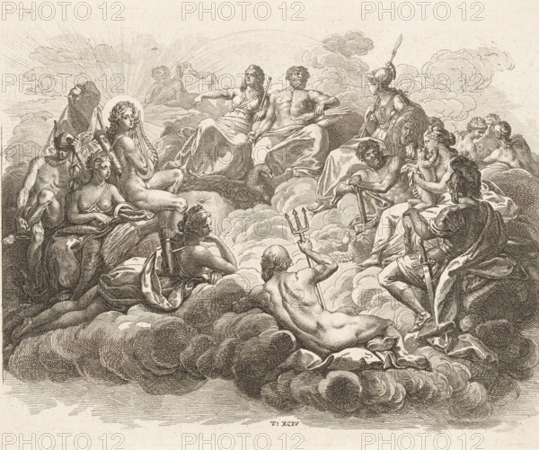Gathering of the Gods on Olympus, print, Numbered bottom center: T: XCIV., printmaker: Daniel Nikolaus Chodowiecki, Berlin, 1736 - 1801, paper, etching, height 179 mm x width 233 mm, The print is part of a series of 96 prints that appeared to illustrate the 'Elementarwerk' by the German pedagogue Johann Bernhard Basedow. The prints were produced by various artists based on drawings by Daniel Chodowiecki. In 1774 the collected print work was published under the title: Kupfersammlung zu JB Basedows Elementarwerk für die Jugend und ihre Freunde., Person, Johann Bernhard Basedow, the Olympian gods together: Jupiter, Juno, Neptune, Ceres, Apollo, Diana, Mars, Venus, Mercury, Minerva, Vulcan, Vesta (or Bacchus), A detailed engraving shows a group of classical figures reclining and seated on swirling clouds under a sky with radiating lines and scattered cloud formations; central figures include a draped man holding a staff and a muscular bearded man partially covered by cloth, surrounded by f...